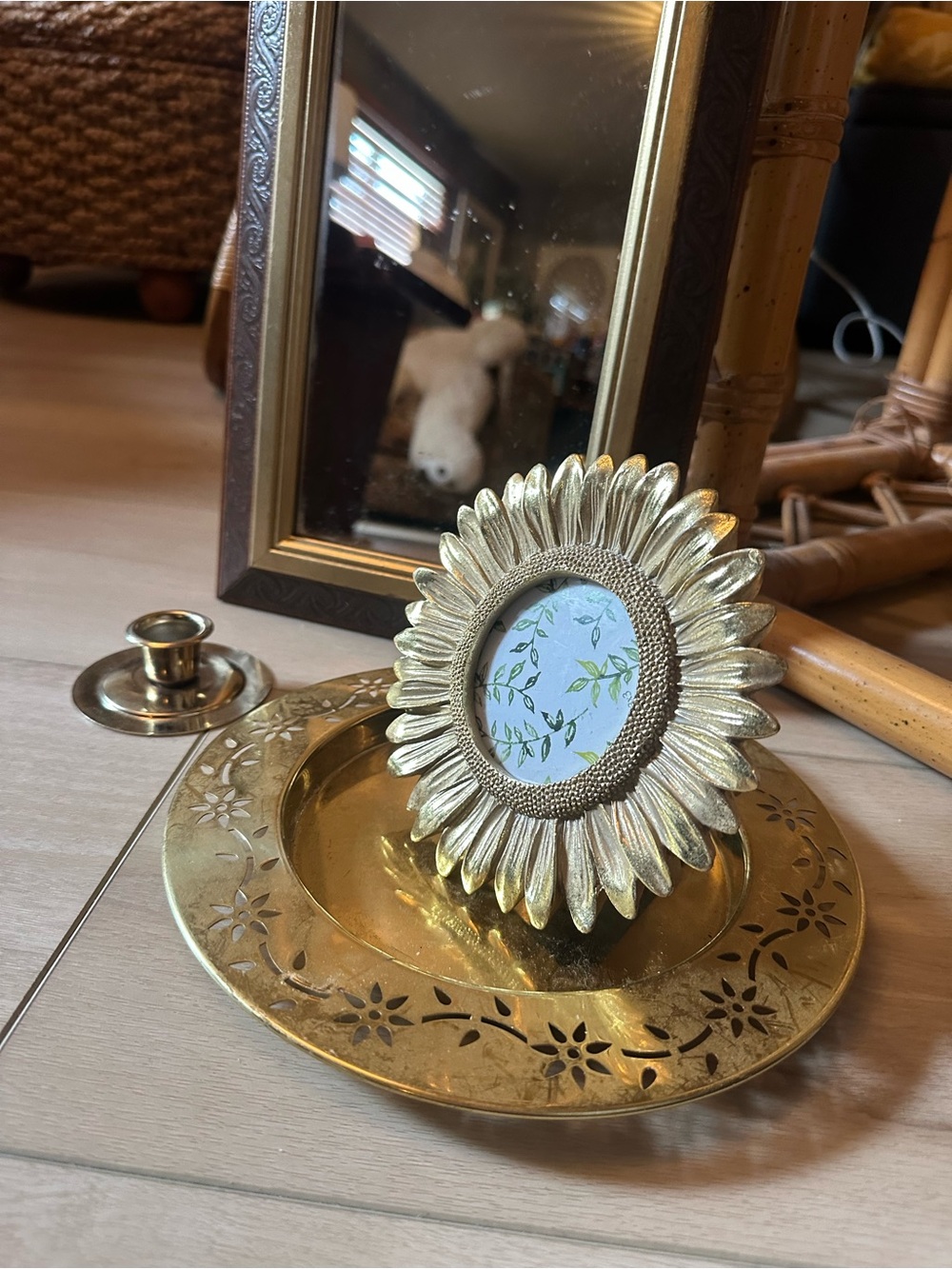 4 pieces! Mirror,Gold Sunflower Frame & Decorative Brass Dish, candleholder